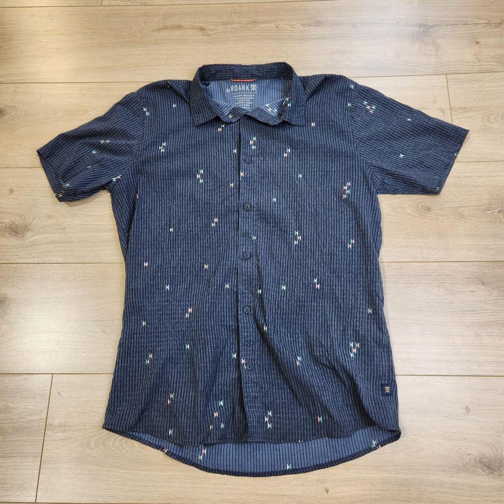 Roark Bless Up Shirt Mens Medium Blue Geometric Short Sleeve Button Quick Dry